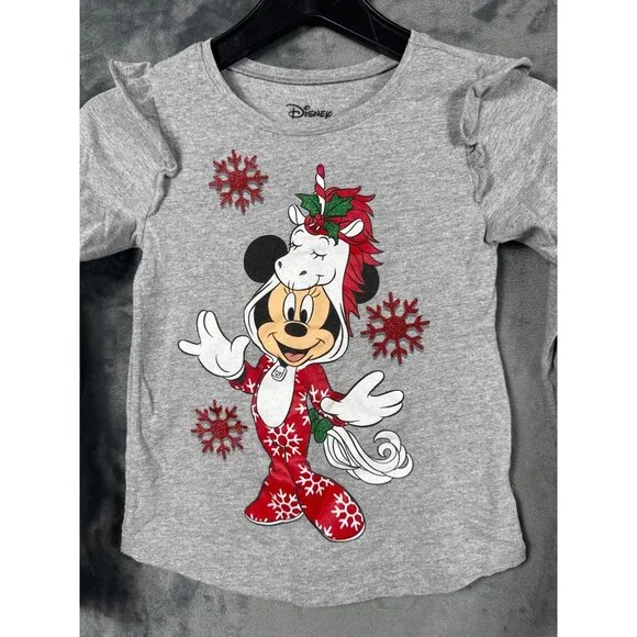 Disney Girls Minnie Mouse Holiday Long Sleeve Shirt Size 12 Gray - Picture 6 of 7